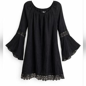 Wrangler Black Bell Sleeve Boho Mini Dress Lace Hem Small